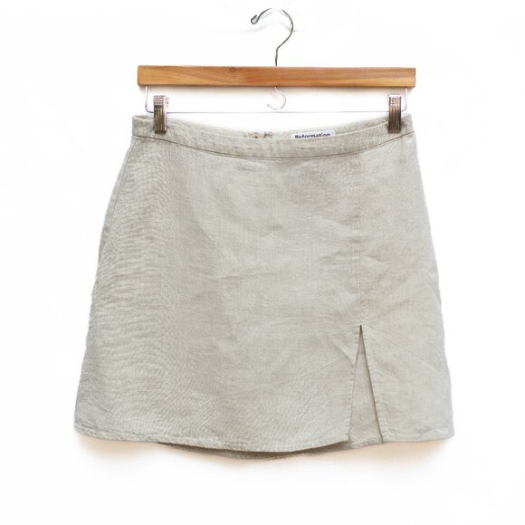 Reformation Dresses & Skirts - Reformation Mini Skirt Sz 10 W29 Linen Ecru Slit Hem Boho Festival Summer Chic